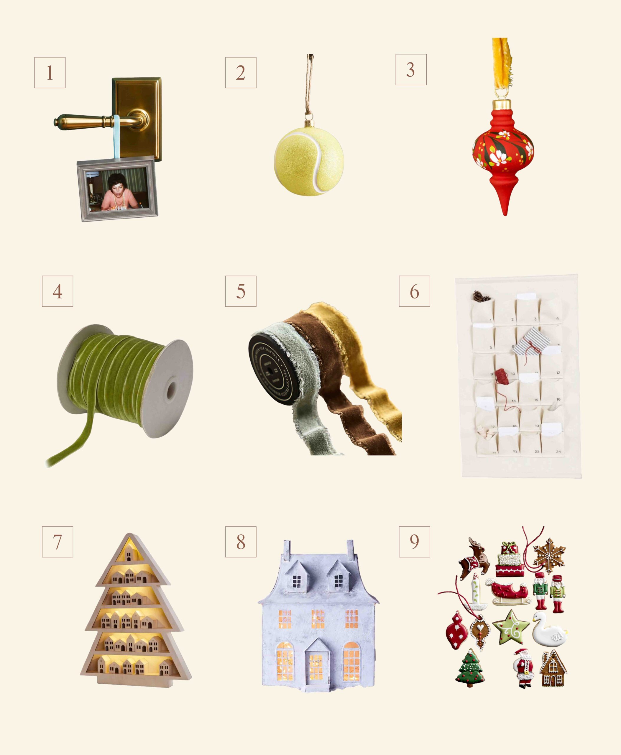 2023 holiday decor: keepsake ornaments, decorative ribbons, advent calendars